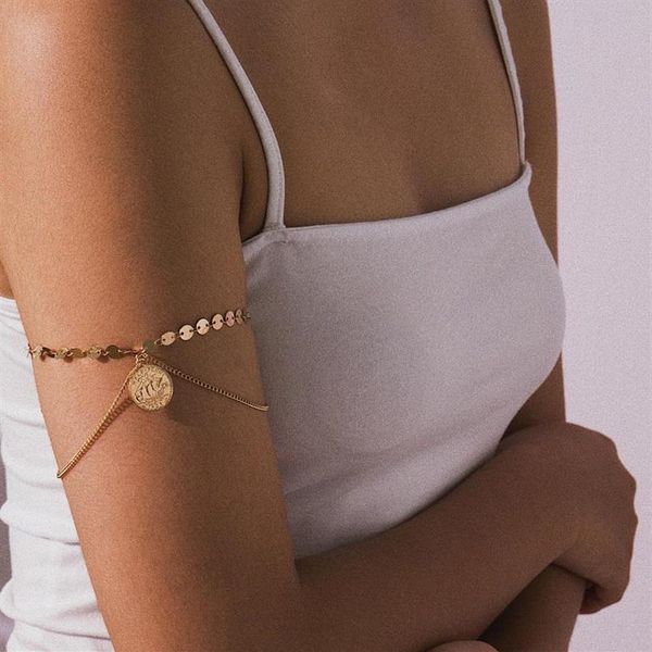 Link Kette Mode Münze Pailletten Oberarm Link Armband Manschette Charms Armbänder Gold Farbe Armreifen Armband Für Frauen Mädchen Party jewe333G