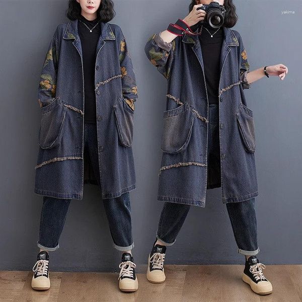 Casacos de trincheira femininos vintage lavagem grande tamanho denim jaqueta outono 2023 coreano casual solto jeans casaco impresso splice único breasted