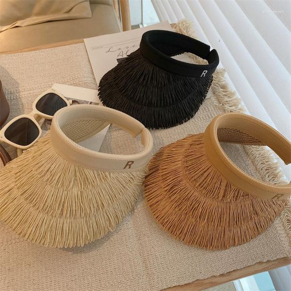 Ampla borda chapéus designer marca verão moda para mulheres ao ar livre praia chapéu de palha versão coreana vazio top sol viseira protetor solar uv seaside boné