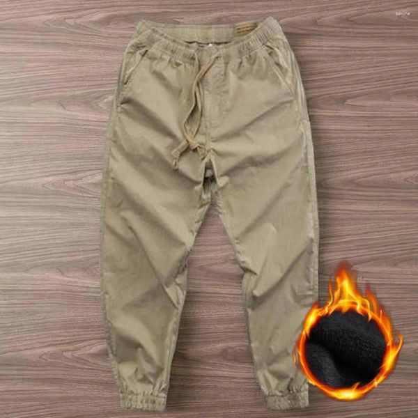 Calças masculinas homens carga elástica cintura cordão calças cor sólida forro de pelúcia solto esportes à prova de frio tornozelo amarrado casual