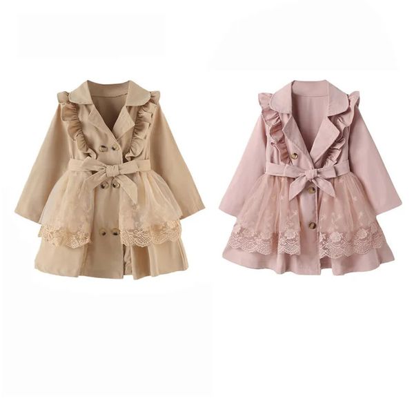 Giacche 2-7 anni Ragazze Primavera Autunno Trench in pizzo Maglia Patchwork Risvolto Volant Giacca a vento doppio petto per capispalla con cintura 230928