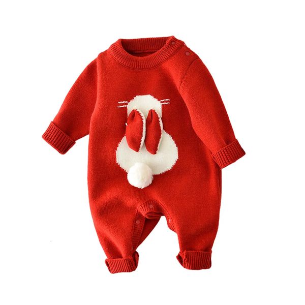 Macacões outono vermelho malha macacão para crianças inverno bebê macacão bonito coelho natal roupas nascido onesie criança meninas outfit 230927