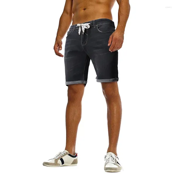 Jeans masculinos casual denim shorts elástico amarrado lavagem esporte na altura do joelho
