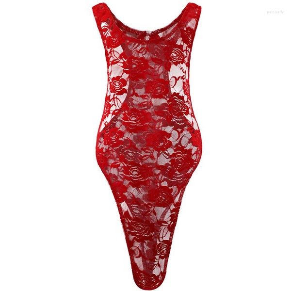 Intimo modellante per uomo Uomo Divertente Intimo Pizzo rosa Traslucido Forcella alta Body stretto Modellante Tuta Slip Hombre Body Abbigliamento da notte