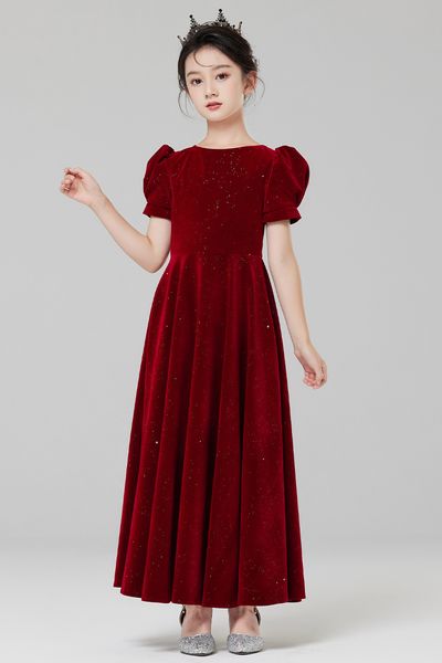 Vestido de concurso de beleza infantil, vestido de desempenho de piano, vinho tinto, vestido de princesa, casamento, flor, anfitrião de menina