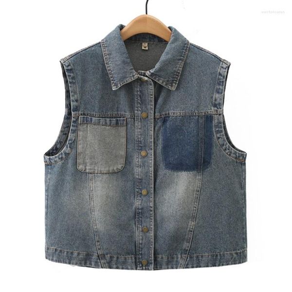 Oberbekleidung 2023 Herbst Frauen Kleidung Plus Größe Ärmellose Jacke Casual Denim Retro Farbe Kontrast Tun Alte Weste Kurve Weste