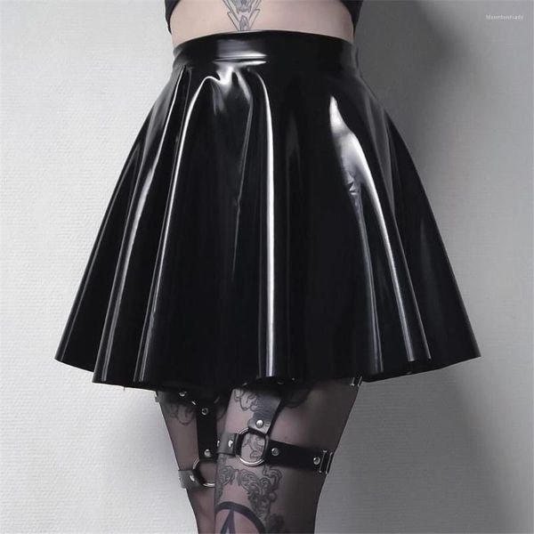 Röcke Sexy Frauen Glänzender Gothic Ausgestellter Faltenrock Wetlook Latex PU Kunstleder A-Linie Rüschen MINI Club Bühne Tragen Hoch