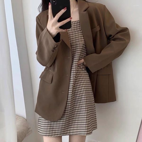 Abiti da lavoro Set da 2 pezzi Cappotto blazer lungo monopetto marrone da donna Mini abito scozzese vintage con fionda Giacca autunnale Abbigliamento da pendolarismo francese