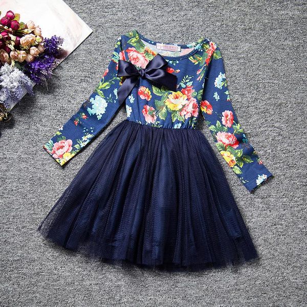 Mädchen Kleider Kinder Kleidung Frühling Langarm Gaze Druck Blumen Prinzessin Kleid 3-7 Jahre alt