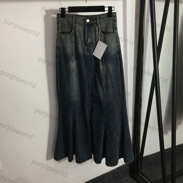 Denim-Langrock, Lotusblatt-Swing-Design, Damen, hohe Taille, schlanker Denim-Halbrock, Fischschwanz, modischer Denim-Rock