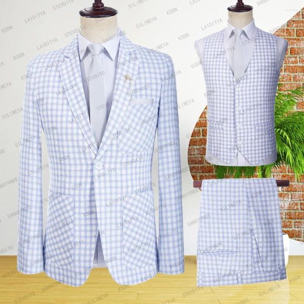 Ternos masculinos de casamento 2023 verão negócios formal azul xadrez linho terno luxo ajuste casaco calças homens vestido blazers calças colete 3 peça