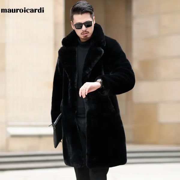 Мужское меховое пальто из искусственного меха Mauroicardi, зимнее длинное черное, толстое, теплое, пушистое, мягкое, из искусственного меха, пальто с длинными рукавами и лацканами, большие размеры, корейская мода для мужчин 4xl 5xl 230927