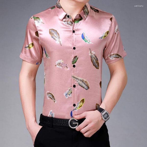 Erkekler Sıradan Gömlek Erkek Moda Baskı İpek Giysileri Yaz Tüy Baskı Saten Sokak Giyim