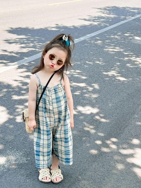 Hosen Kinder Hosen Kinder Plaid Overalls Mädchen Sommer Koreanischen Stil Blau Kariert Hosenträger Lose Breite Bein Einteilige 7 Minute Shorts