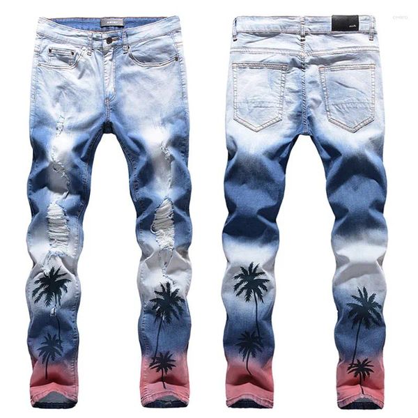 Jeans masculinos retalhos impressos motociclista luz azul buracos rasgados magro estiramento denim calças calças cor spray estilo de rua alta