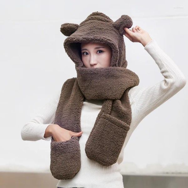 Chapéus cachecóis luvas define inverno na moda quente macio cordeiro cashmere chapéu e cachecol em um com orelhas de urso bonito engrossado bonés de pelúcia streetwear conjunto