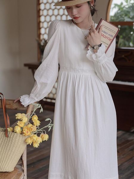 Vestidos casuais laço branco longo s mulher feriado coreia japão estilo design roupas outono oco para fora uma linha vestido de algodão vintage