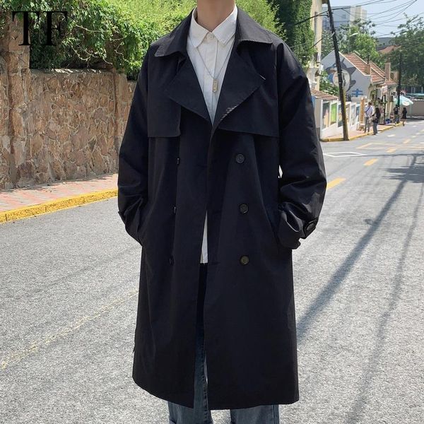 Trench da uomo Cappotto primaverile moda coreana da uomo Giacca a vento solida casual stile britannico con cintura Cappotto lungo streetwear a vento lungo allentato