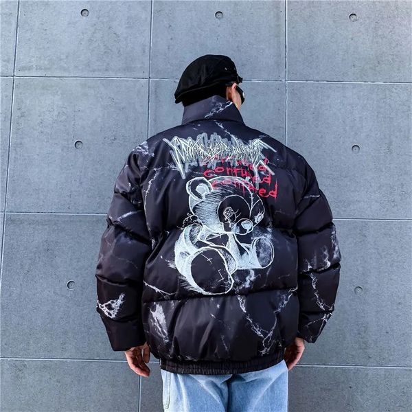 Homens para baixo parkas streetwear hip hop jaqueta parka y2k ferido urso impressão homens mulheres inverno harajuku jaquetas oversized casacos quentes unisex outwear 230927