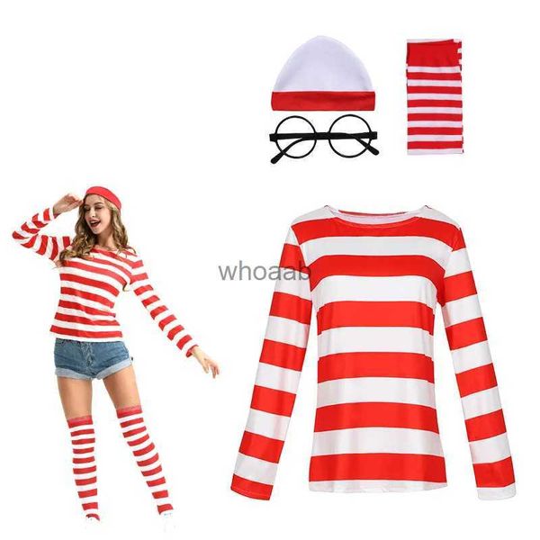 Passende Familien-Outfits, Eltern-Kind-Wally-Outfit, Anime, wo ist das Familienspiel, Mann, Frau, Kind, Wally, Cosplay, schickes rotes Streifenhemd, Hut, Brille, YQ230928