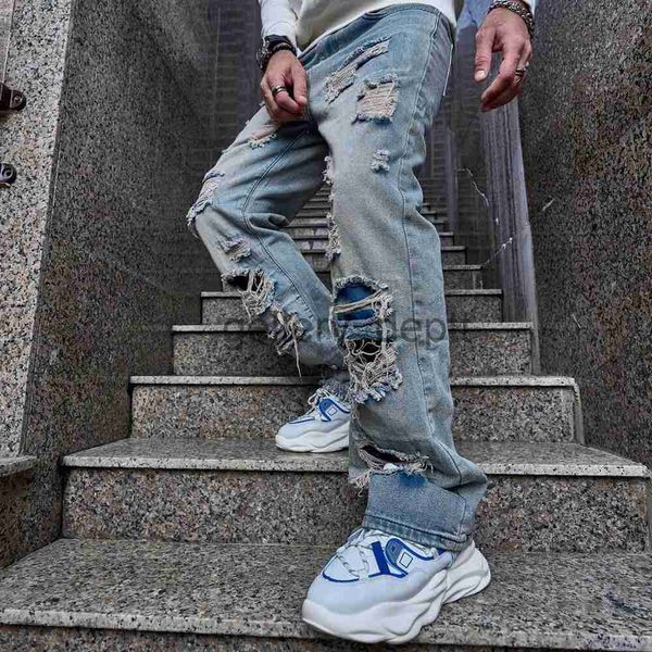Calças de brim masculinas 2023 primavera elegante streetwear solto rasgado homens retos slim fit calças de brim hip hop masculino buracos sólidos casuais calças jeans j230928