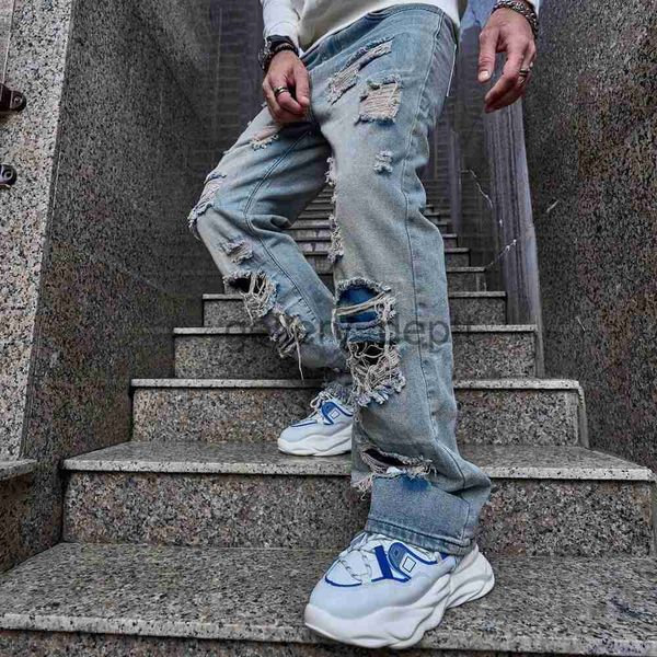 Erkekler Kot 2023 Bahar Şık Sokak Giyim Gevşek Yırtık Erkekler Düz İnce Fit Kot Pantolon Hip Hop Erkek Delikleri Katı Gündelik Denim Pantolon J230928