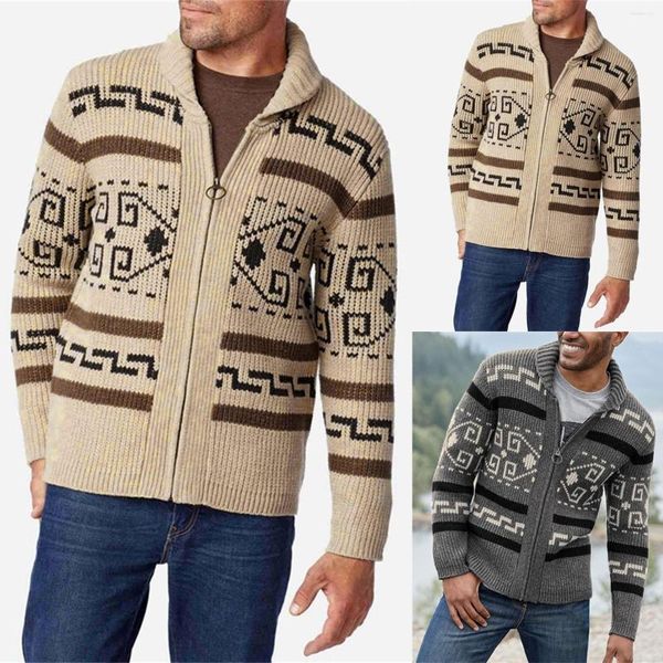 Camisolas masculinas outono longo de malha cardigan vintage casacos homens moda impressão zíper inverno casual padrão manga