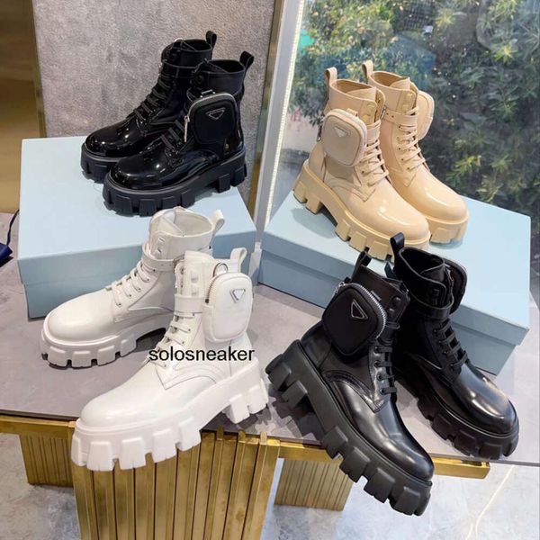 EU Pradda Heels Prad Kniestiefel Knöchel Plateau Glänzender Knöchel Chunky Boots Schuhe Damen Stiefelschuhe 3542 Echtes Leder Lederstiefel Designer Motorradstiefel mit b NUYC