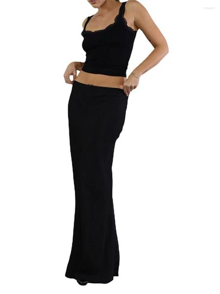 Повседневные платья, женские летние комплекты одежды из 2 предметов, черный мини-жилет с кружевной отделкой, длинная узкая юбка