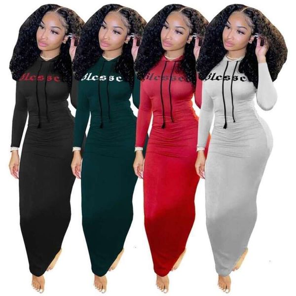 Varejo vestido slim fit para mulheres outono inverno moda carta impressa manga comprida com capuz roupas plissadas vestidos saia longa 3xl