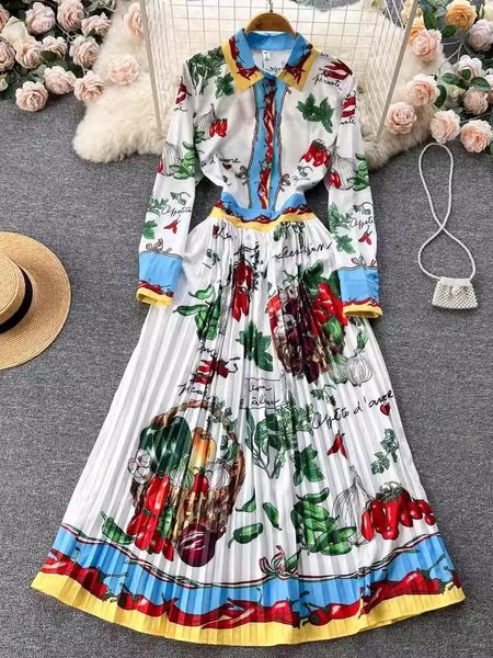 Artı Boyut Elbiseler Sonbahar Moda Pist Pileli Elbise Kadınlar Uzun Kollu Tek Göğüslü Meyveler Sebzeler Çiçek Baskı Bohem Robe Vestidos 230927