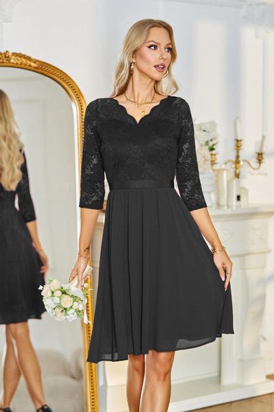 Casual Kleider Elegante Sexy Spitze Patchwork Chiffon Party 2023 Frauen Hochzeit Gast Cocktail 3/4 Ärmel V-ausschnitt Schlank Schwarz Midi kleid