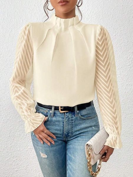 Blusas femininas elegantes meia gola blusa cor sólida chiffon camisa onda impressão plissado manga longa pulôver casual solto topo