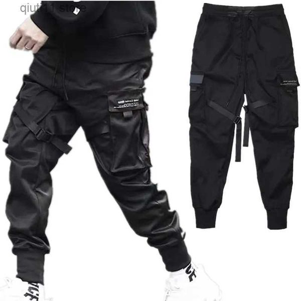 Calças masculinas hip hop menino faixa calças cintura elástica harem pant homens streetwear punk fitas design calças masculino preto calça bolsos corredores t230928