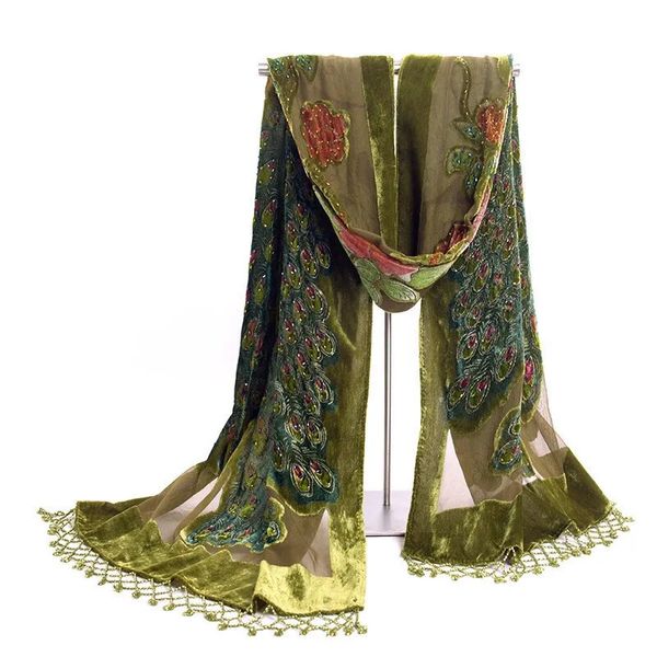 Шарфы, модный армейский зеленый женский бархатный шелковый платок с вышивкой бисером, шарф с павлином WS006A 230927