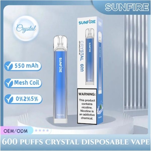 Orijinal Çin Sunfire 600 Puflar Tek Kullanımlık Vape Kalem 2ml Önceden Döşemeli Elektrikli Sigara Fabrikası Toptan OEM 6 Lezzetler Kristal Rohs CE Onaylı Buhar 0% 2% 3% 5% Litvanya