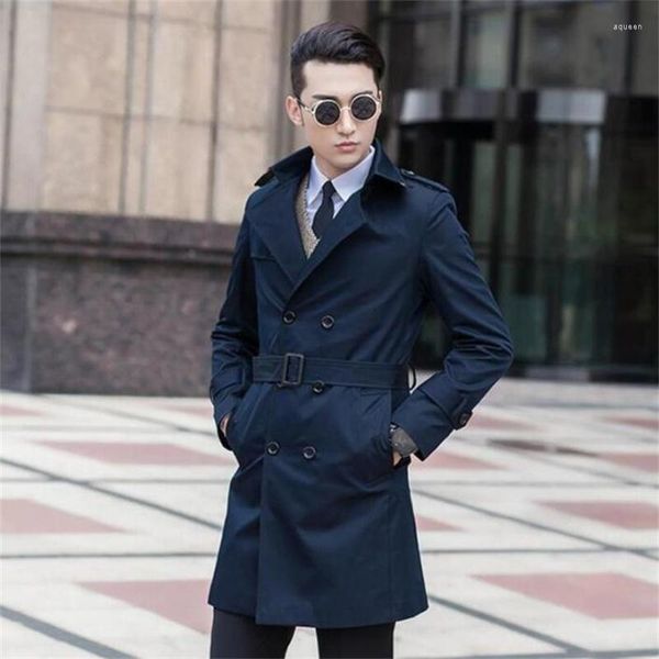 Männer Trenchcoats Koreanische Frühling Und Herbst Tragen Mittellange Leichte Jacke Blau Zweireiher Schlanke Kleidung Jaqueta Masculina