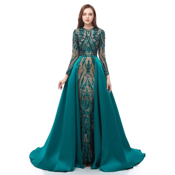 Вечерние платья с длинными рукавами Robe De Soiree Мусульманский зеленый цвет в сочетании со съемным шлейфом-кафтаном формальное бальное платье в Марокко ENG2003