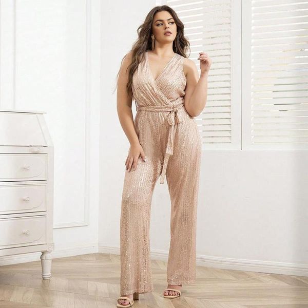 Calças plus size feminino macacão outono moda temperamento elegante grande feminino macacões lantejoulas com decote em v sem mangas