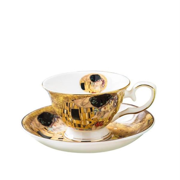 Чашки-блюдца Klimt Classic Kiss Design Кофейная чашка и чайное блюдце Керамический костяной фарфор Set338b