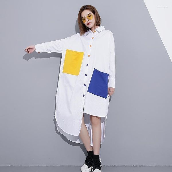 Casual Kleider VANOVICH Mode Kontrast Farbe Taschen Patchwork Koreanischen Stil Kleid Herbst Unregelmäßige Lose Mid-Kalb A-linie