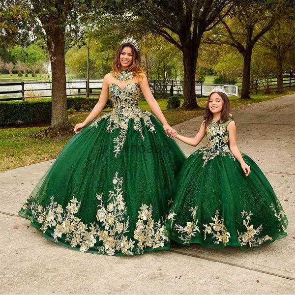 Família combinando roupas verde beading vestido quinceanera vestido de baile apliques de ouro espartilho de renda concurso aniversário doce 15 vestido roupa pai-filho yq230928