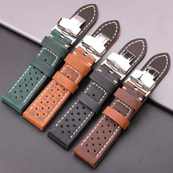 Assista Bandas Respirável Couro Genuíno Watchbands Mulheres Homens 5 Cores Strap 20mm 22mm 24mm Smart Band Deployment Fecho 230928