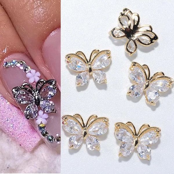 Decorações de Nail Art 10 PC Liga Borboleta Zircão Nail Art Strass 3D Ouro Prata Brilhante Diamante Nail Art Gems Butterfies Cristal Manicure Acessório 230927