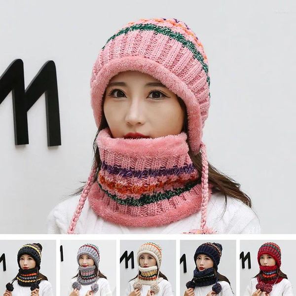 Şapkalar Eşarplar Eldivenler Setler Kış Örme Kadınlar Patchwork Pompon Toplar Kulaksla Kapaklar Bayanlar Sıcak Kalın Beanies Kadın Beanie Hat Girl Hediye