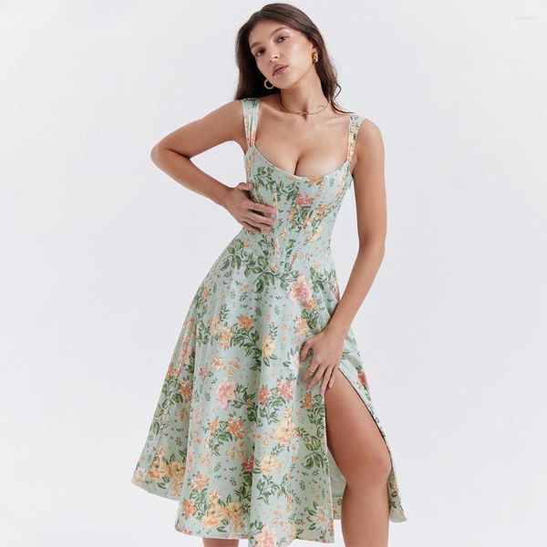 Abiti casual Suninheart Abito estivo Donna 2023 Verde Stringata Stampa floreale Elegante con disossamento Festa per le vacanze Alta qualità