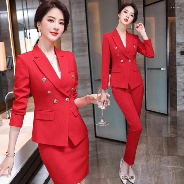Zweiteiliges Kleid Hohe Qualität Frühling Herbst Formale Damen Roter Blazer Frauen Business Anzüge Arbeitskleidung Büro Uniform 2-teiliges Rock-Jacken-Set