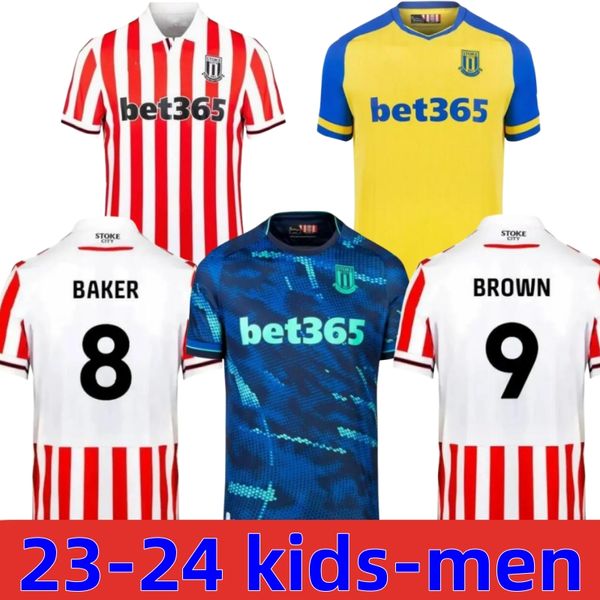 23 24 Stoke City Mikel Campbell Futbol Formaları Smith Fletcher Powell Brown Clucas Ev Kitleri 2023 Lewis Baker Baker Erkekler Kids Kit Futbol Gömlek Üniformaları
