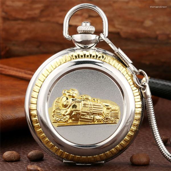 Orologi da tasca Orologio al quarzo con display a numeri romani inciso di lusso con copertura del treno a vapore dorato per uomo donna con catena pendente Reloj