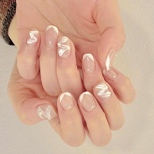 Unhas Falsas Cabeça Redonda Francês Falso Destacável Cobertura Completa Wearable Manicure Nail Press On Girl